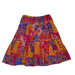 Ralph Lauren Pink Orange Paisley Print Peasant Midi Skirt Large Colorful Boho